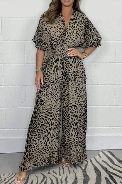 2024 New Fashion Leopard Print Casual Jumpsuit med vida ben