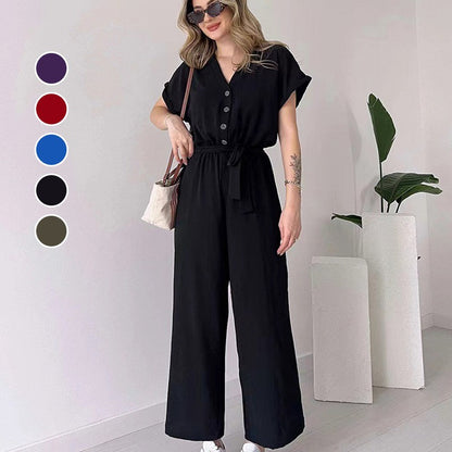 V-ringad kortärmad casual jumpsuit för kvinnor